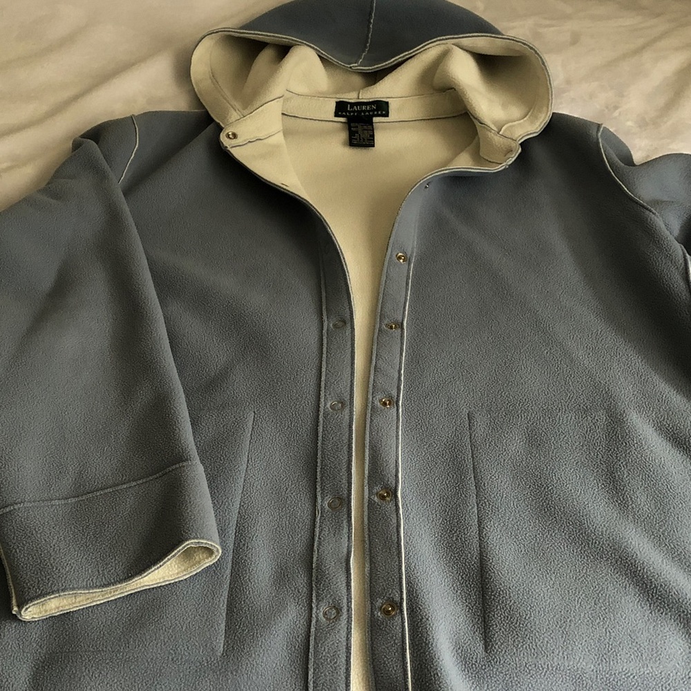 Lauren Ralph Lauren Hooded Reversible Fleece Jacket - Light Blue & Cream